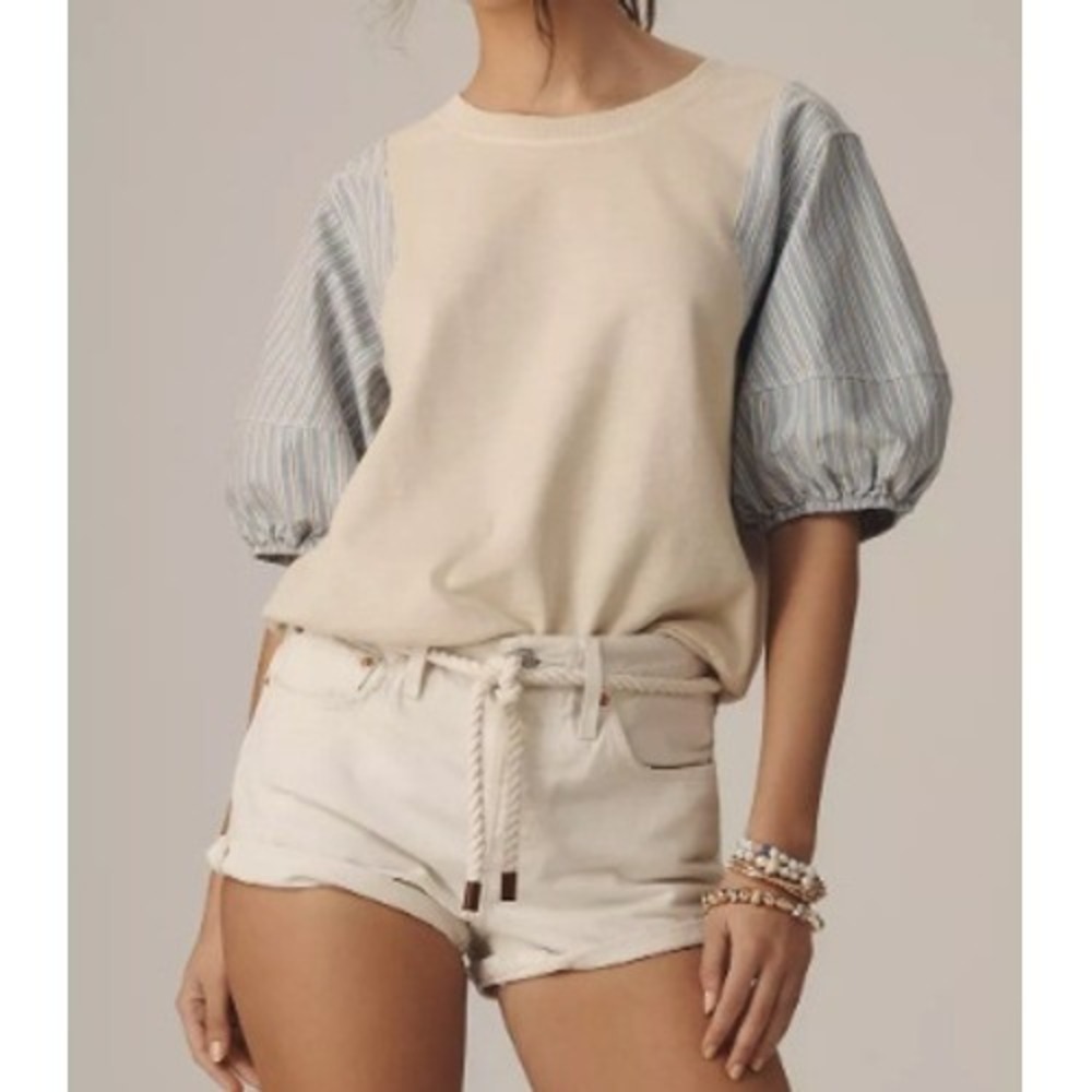 PILCRO Striped Puff Sleeve Blouse Womens L Beige Blue Colorblock Casual
